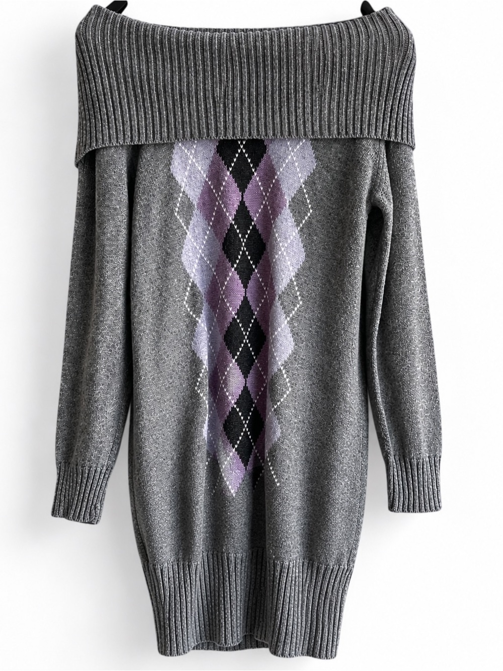 Suzy Shier Vintage Y2K Gray Lavender Argyle Off Shoulder Sweater